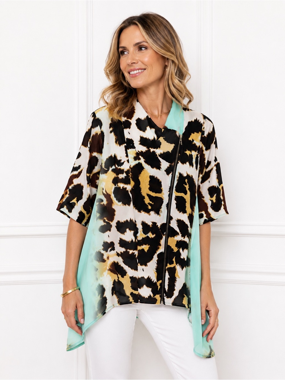 FERATELLI Abstract Animal Print Zip Front Tunic Top Sz M
